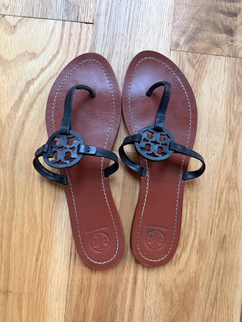 Tory Burch Brown Leather Sandal with Black Logo Medallion